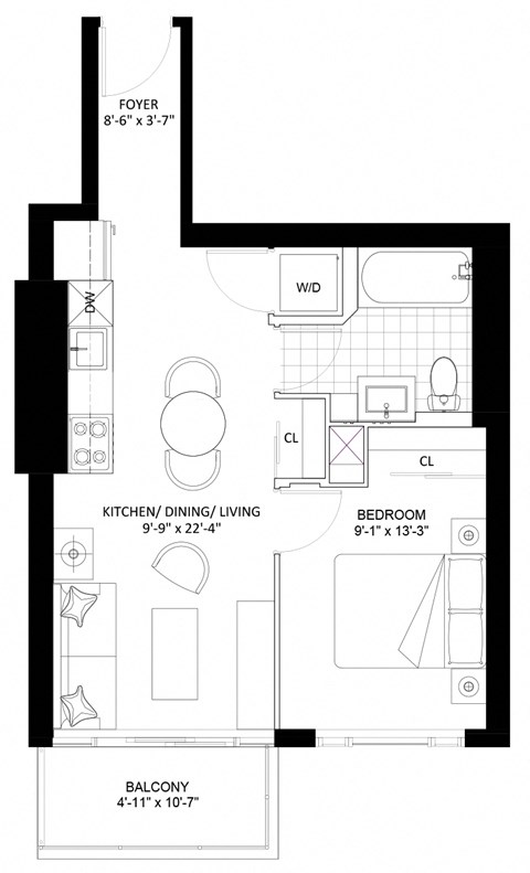 Floor plan for 1 bed, 1 bath, 508 sqft
